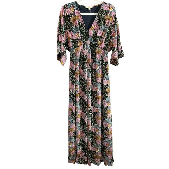 Entro Boho Floral Maxi Dress V-Neck Kimono Sleeve Multicolor Festival Size M - Picture 2 of 9